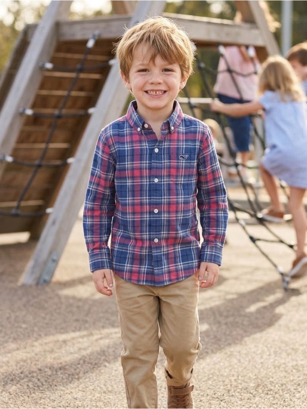 Vineyard Vines Boys Plaid Button-Down Shirt - Blue & Pink Size 5-6, 100% Cotton